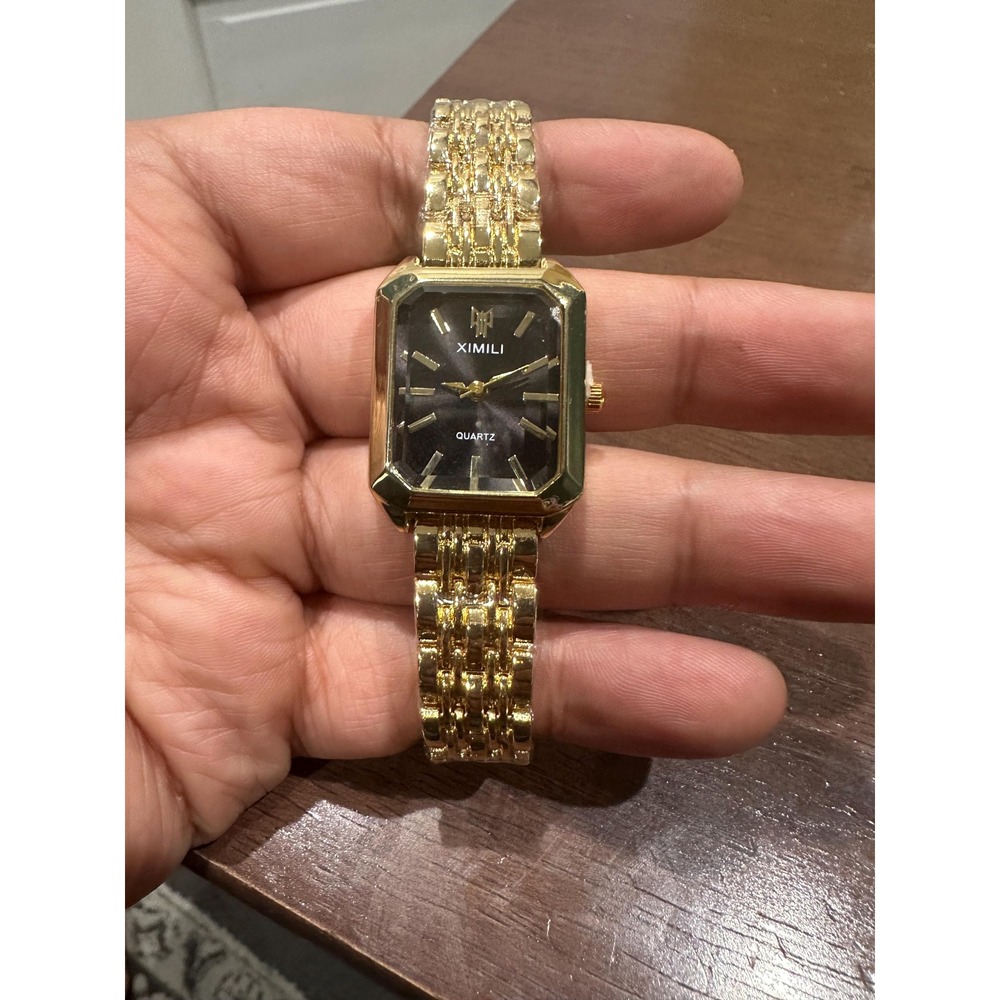 New Black Dial 23mm Womens Fashion Steel Quartz Gold Watch Gift Upto 8in Wrist